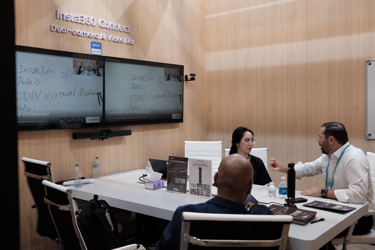 An image of Insta360's conferencing products in a meeting, showcasing how they would work in a professional setting. 
